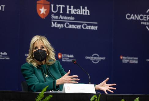 First lady Jill Biden speaks at Mays Cancer Center.